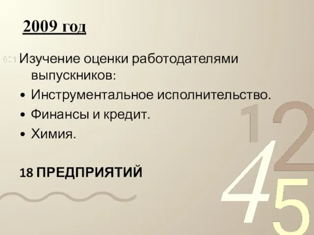 2009 год Изучение оценки работодателями выпускников: Инструментальное исполнительство. Финансы и кредит. Химия. 18 ПРЕДПРИЯТИЙ