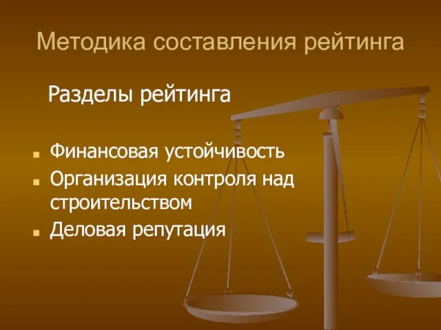 Методика составления рейтинга Финансовая устойчивость Организация контроля над строительством Деловая репутация Разделы рейтинга