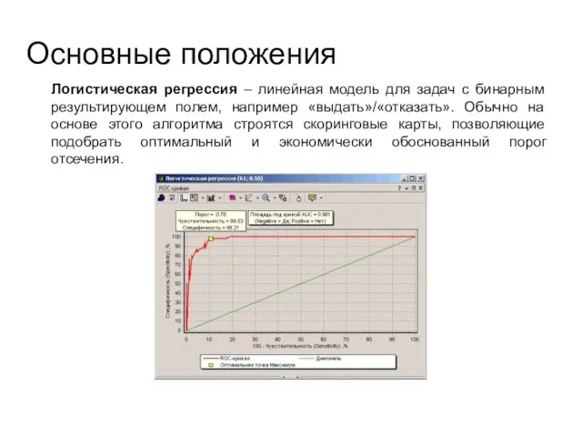 Основные положения Логистическая регрессия – линейная модель для задач с бинарным результирующем