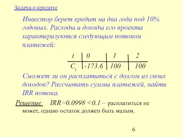 Задача о кредите Инвестор берет кредит на два года под 10% годовых.