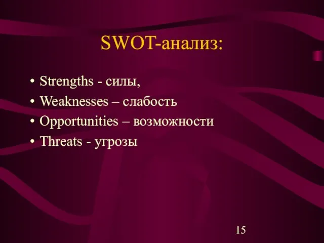 SWOT-анализ: Strengths - силы, Weaknesses – слабость Opportunities – возможности Threats - угрозы