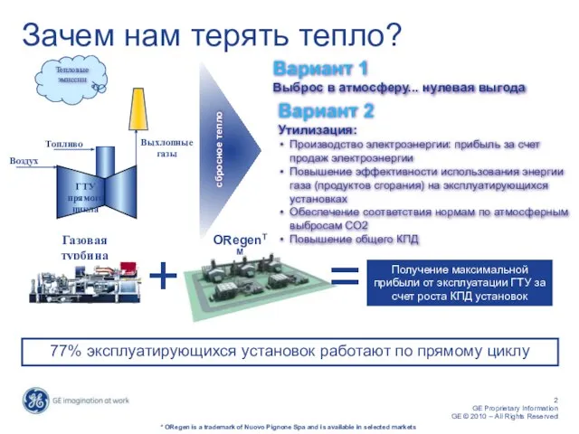 Зачем нам терять тепло? ГТУ прямого цикла Воздух Выхлопные газы Топливо Тепловые