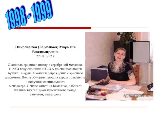 Николаенко (Горюнова) Марьяна Владимировна 22.08.1982 г. Окончила среднюю школу с серебряной медалью.