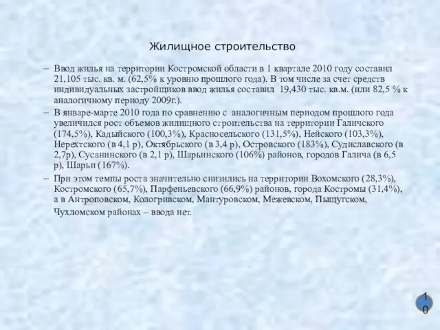 Жилищное строительство Ввод жилья на территории Костромской области в 1 квартале 2010