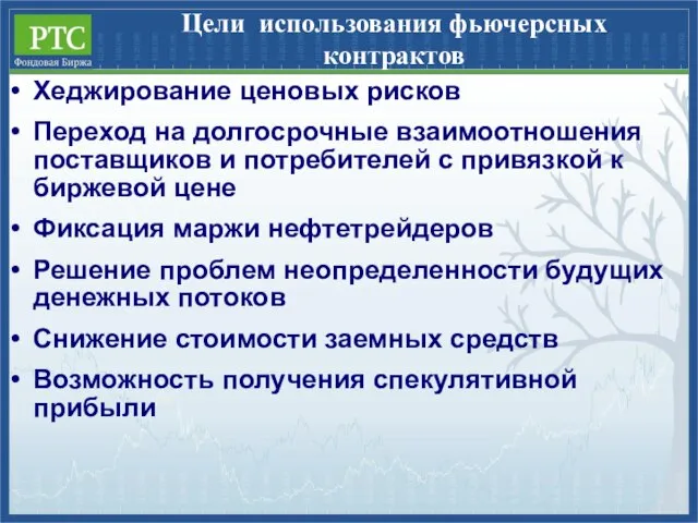 Цели использования фьючерсных контрактов Хеджирование ценовых рисков Переход на долгосрочные взаимоотношения поставщиков