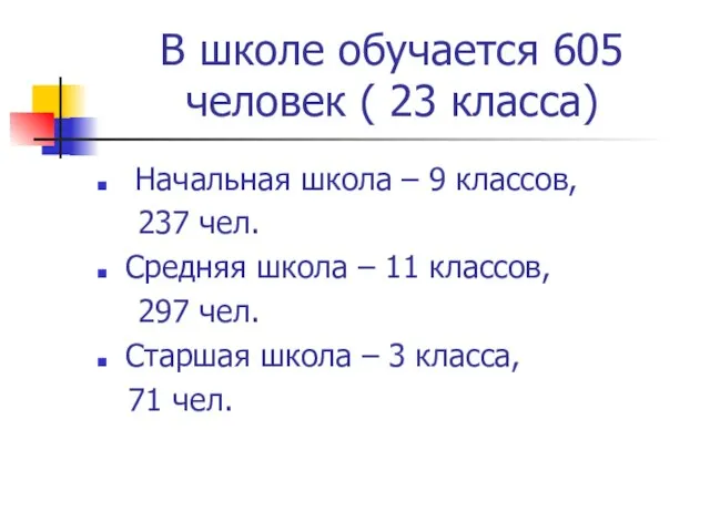 В школе обучается 605 человек ( 23 класса) Начальная школа – 9