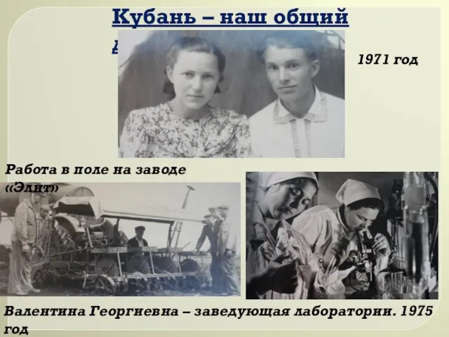 Кубань – наш общий дом 1971 год Валентина Георгиевна – заведующая лаборатории.