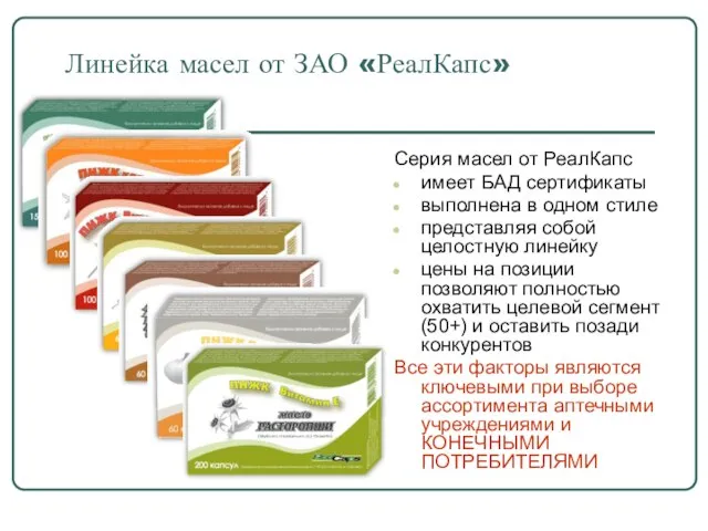 Линейка масел от ЗАО «РеалКапс» Серия масел от РеалКапс имеет БАД сертификаты