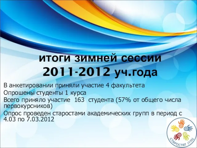 итоги зимней сессии 2011-2012 уч.года В анкетировании приняли участие 4 факультета Опрошены