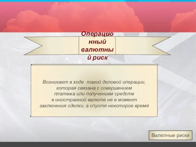 Операционный валютный риск Валютные риски Возникает в ходе такой деловой операции, которая