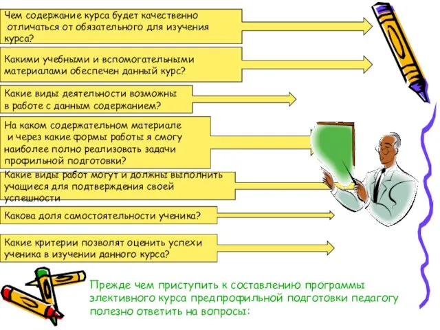 Прежде чем приступить к составлению программы элективного курса предпрофильной подготовки педагогу полезно