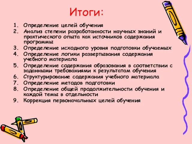 Итоги: Определение целей обучения Анализ степени разработанности научных знаний и практического опыта