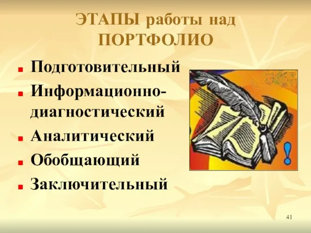 ЭТАПЫ работы над ПОРТФОЛИО Подготовительный Информационно-диагностический Аналитический Обобщающий Заключительный