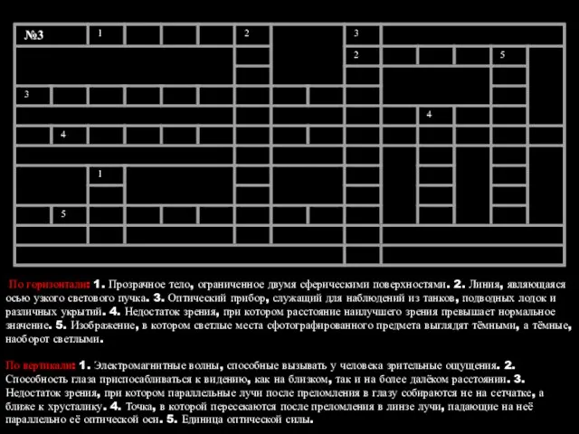 По горизонтали: 1. Прозрачное тело, ограниченное двумя сферическими поверхностями. 2. Линия, являющаяся