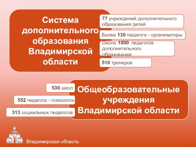 Система дополнительного образования Владимирской области Около 1000 педагогов дополнительного образования Общеобразовательные учреждения