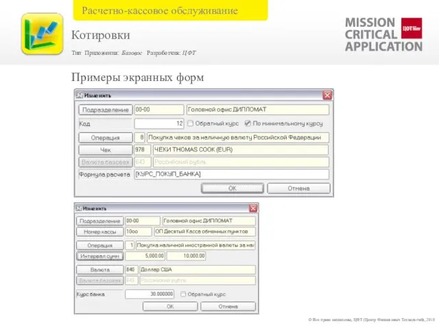 Примеры экранных форм © Все права защищены, ЦФТ (Центр Финансовых Технологий), 2010
