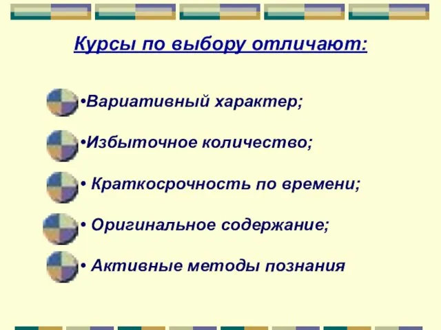 Курсы по выбору отличают: Вариативный характер; Избыточное количество; Краткосрочность по времени; Оригинальное содержание; Активные методы познания