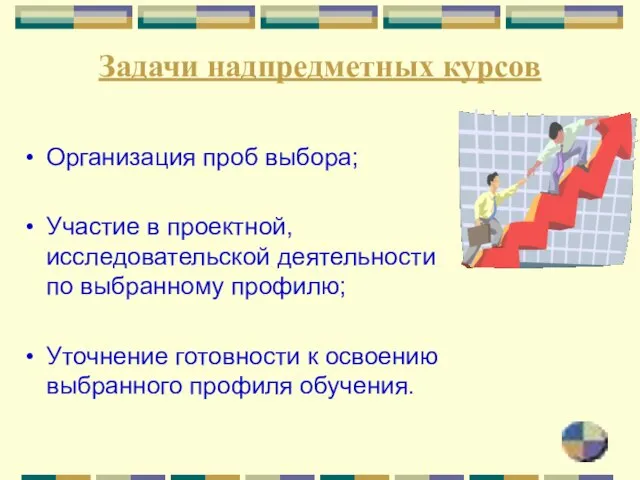 Задачи надпредметных курсов Организация проб выбора; Участие в проектной, исследовательской деятельности по