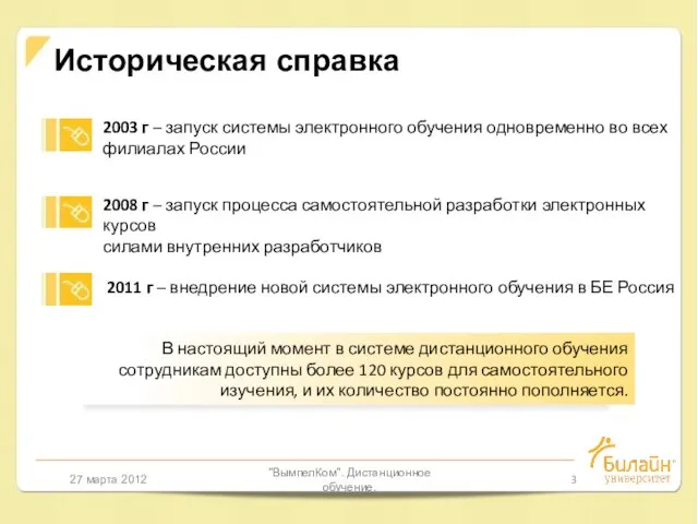 27 марта 2012 "ВымпелКом". Дистанционное обучение. Историческая справка В настоящий момент в