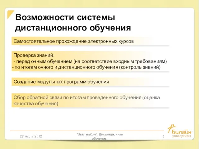 27 марта 2012 "ВымпелКом". Дистанционное обучение. Возможности системы дистанционного обучения Самостоятельное прохождение