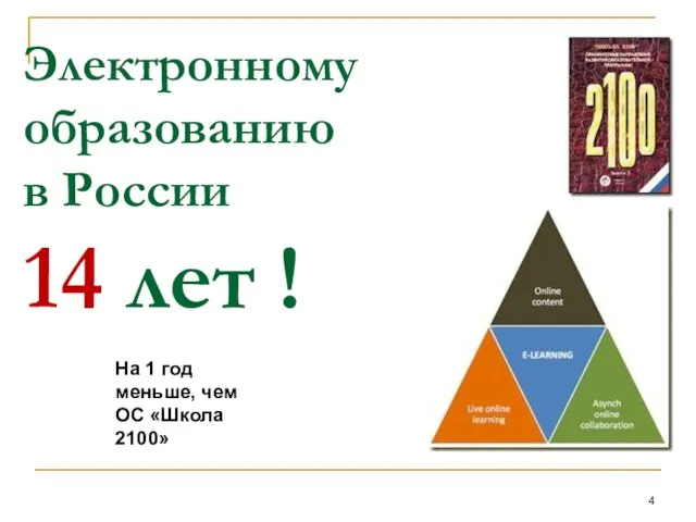 Электронному образованию в России 14 лет ! На 1 год меньше, чем ОС «Школа 2100»