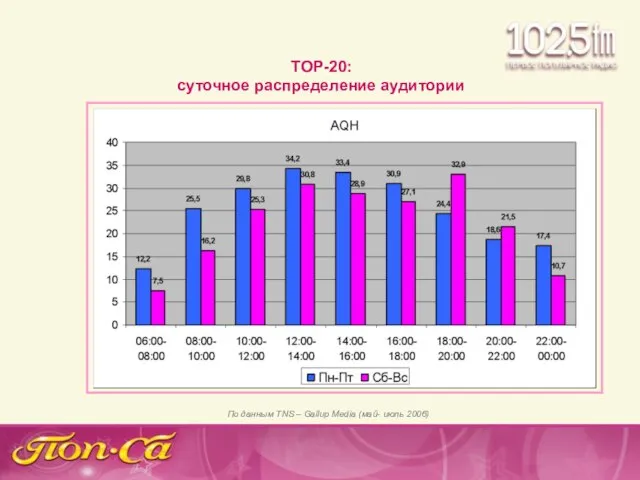 ТОР-20: суточное распределение аудитории По данным TNS – Gallup Media (май- июль 2006)