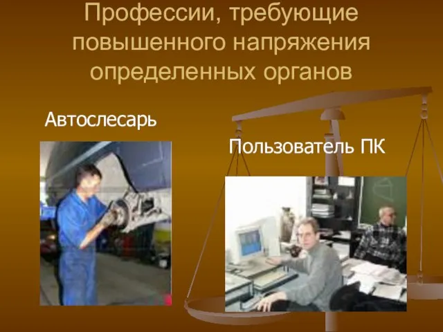 Профессии, требующие повышенного напряжения определенных органов Автослесарь Пользователь ПК