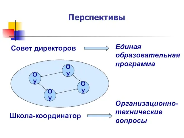 Совет директоров Школа-координатор Единая образовательная программа Организационно- технические вопросы Перспективы