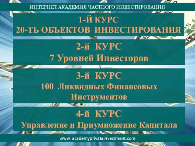 ИНТЕРНЕТ АКАДЕМИЯ ЧАСТНОГО ИНВЕСТИРОВАНИЯ www. academyprivateinvestment.com 1-Й КУРС 20-ТЬ ОБЪЕКТОВ ИНВЕСТИРОВАНИЯ 2-й