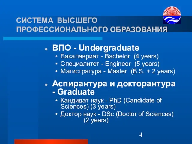 СИСТЕМА ВЫСШЕГО ПРОФЕССИОНАЛЬНОГО ОБРАЗОВАНИЯ ВПО - Undergraduate Бакалавриат - Bachelor (4 years)
