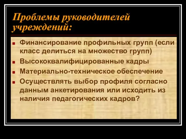 Проблемы руководителей учреждений: Финансирование профильных групп (если класс делиться на множество групп)