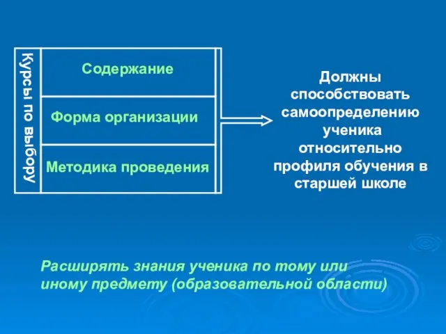 Должны способствовать самоопределению ученика относительно профиля обучения в старшей школе Содержание Форма