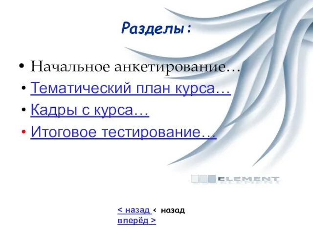 Разделы: Начальное анкетирование… Тематический план курса… Кадры с курса… Итоговое тестирование…