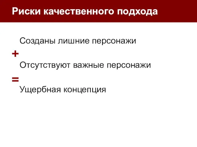 Риски качественного подхода Созданы лишние персонажи Отсутствуют важные персонажи Ущербная концепция + =