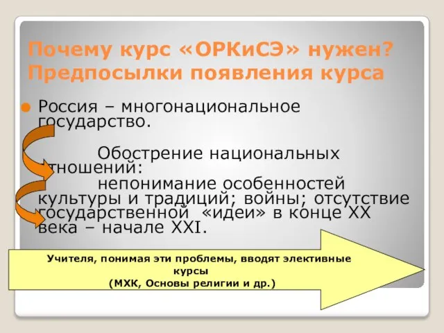 Почему курс «ОРКиСЭ» нужен? Предпосылки появления курса Россия – многонациональное государство. Обострение