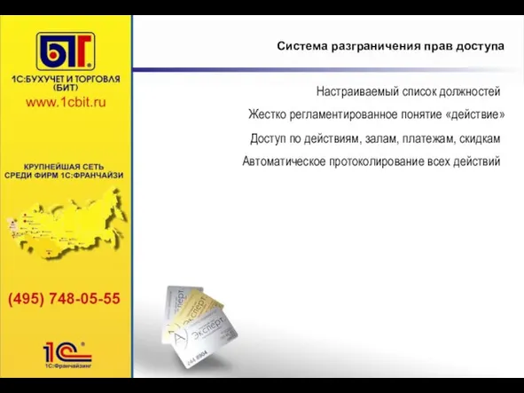 Система разграничения прав доступа Жестко регламентированное понятие «действие» Настраиваемый список должностей Доступ