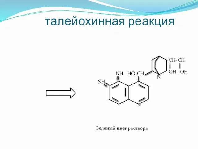 талейохинная реакция N HO-CH -CH-CH OH OH NH NH N Зеленый цвет раствора