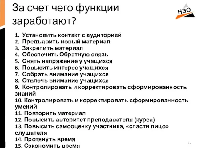 За счет чего функции заработают? 1. Установить контакт с аудиторией 2. Предъявить