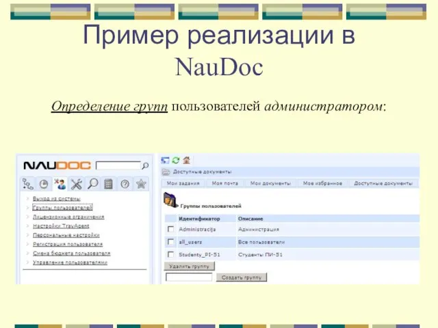 Пример реализации в NauDoc Определение групп пользователей администратором: