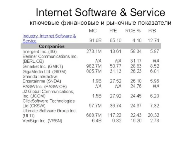 Internet Software & Service ключевые финансовые и рыночные показатели