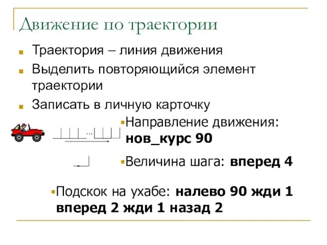 Движение по траектории Траектория – линия движения Выделить повторяющийся элемент траектории Записать