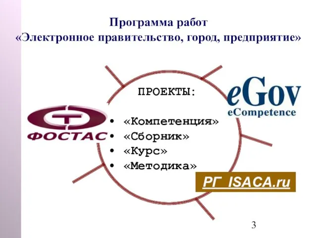 Программа работ «Электронное правительство, город, предприятие» ПРОЕКТЫ: «Компетенция» «Сборник» «Курс» «Методика» РГ ISACA.ru