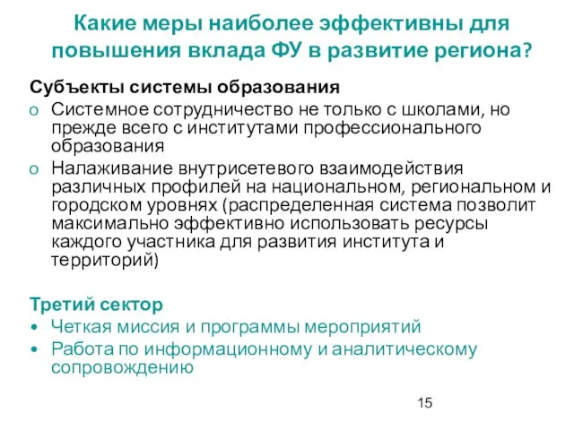 Какие меры наиболее эффективны для повышения вклада ФУ в развитие региона? Субъекты