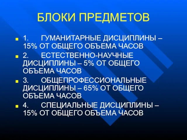 БЛОКИ ПРЕДМЕТОВ 1. ГУМАНИТАРНЫЕ ДИСЦИПЛИНЫ – 15% ОТ ОБЩЕГО ОБЪЕМА ЧАСОВ 2.