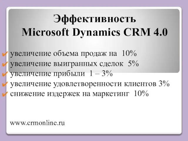 Эффективность Microsoft Dynamics CRM 4.0 увеличение объема продаж на 10% увеличение выигранных