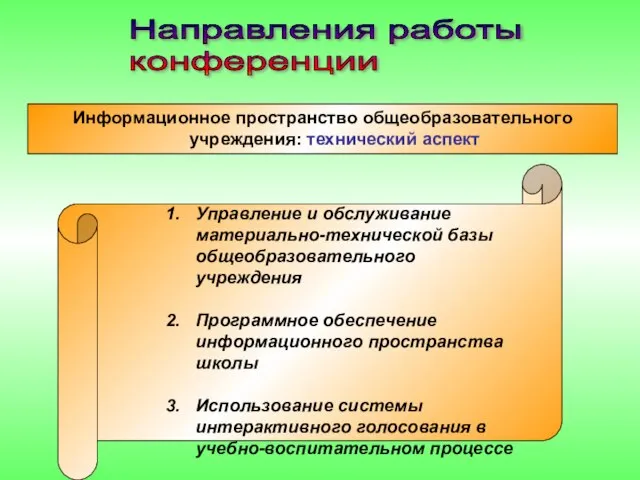 Направления работы конференции Информационное пространство общеобразовательного учреждения: технический аспект Управление и обслуживание