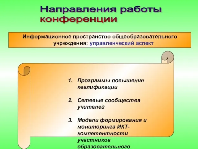 Направления работы конференции Информационное пространство общеобразовательного учреждения: управленческий аспект Программы повышения квалификации