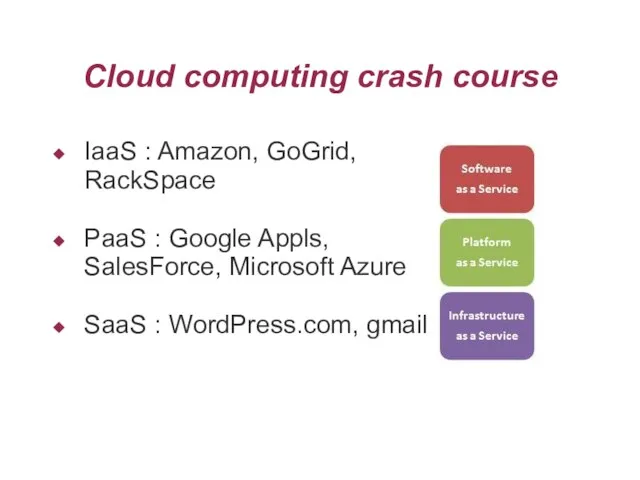 Cloud computing crash course IaaS : Amazon, GoGrid, RackSpace PaaS : Google