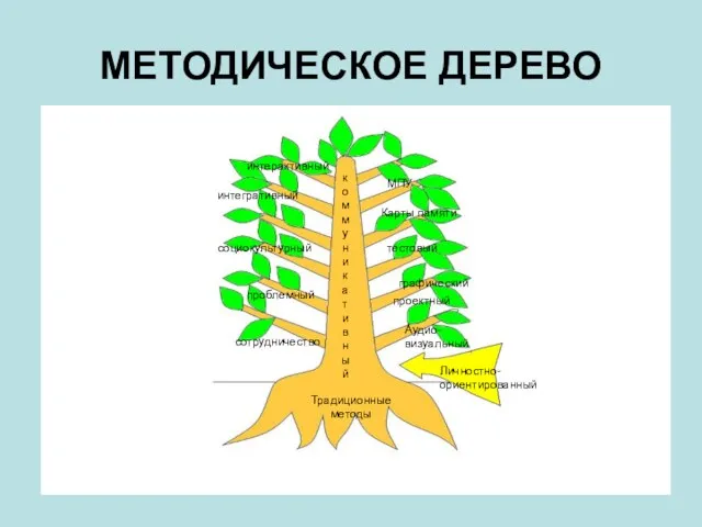 МЕТОДИЧЕСКОЕ ДЕРЕВО Традиционные методы коммуникативный Аудио-визуальный проектный графический тестовый Карты памяти МПУ