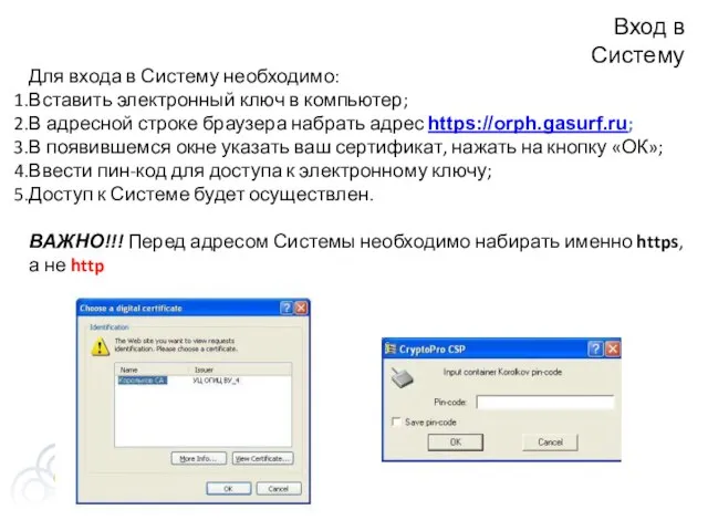 Вход в Систему Для входа в Систему необходимо: Вставить электронный ключ в